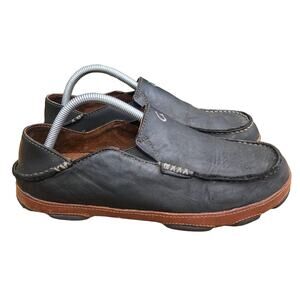 Olukai Moloa Slippers Mens size 8.5 Black Leather 10128-4033 Slip On Comfort